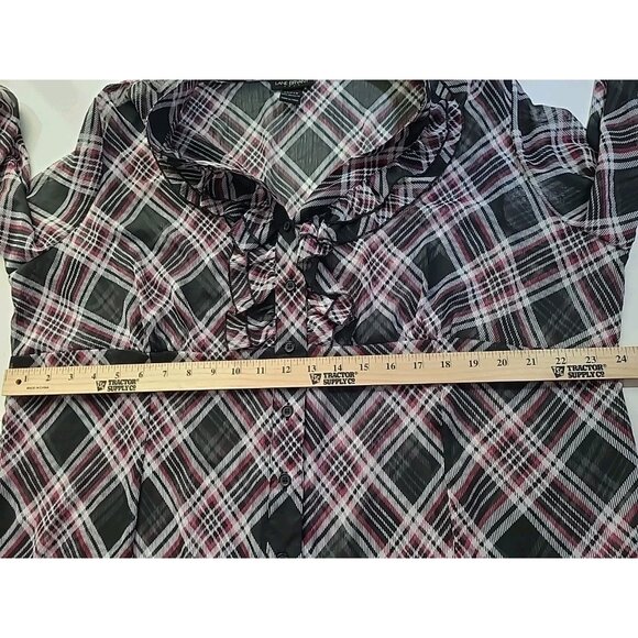 Lane Bryant Size 22/24 Black Plaid Ruffle Front Babydoll Blouse Top Sheer Preppy - Picture 11 of 13